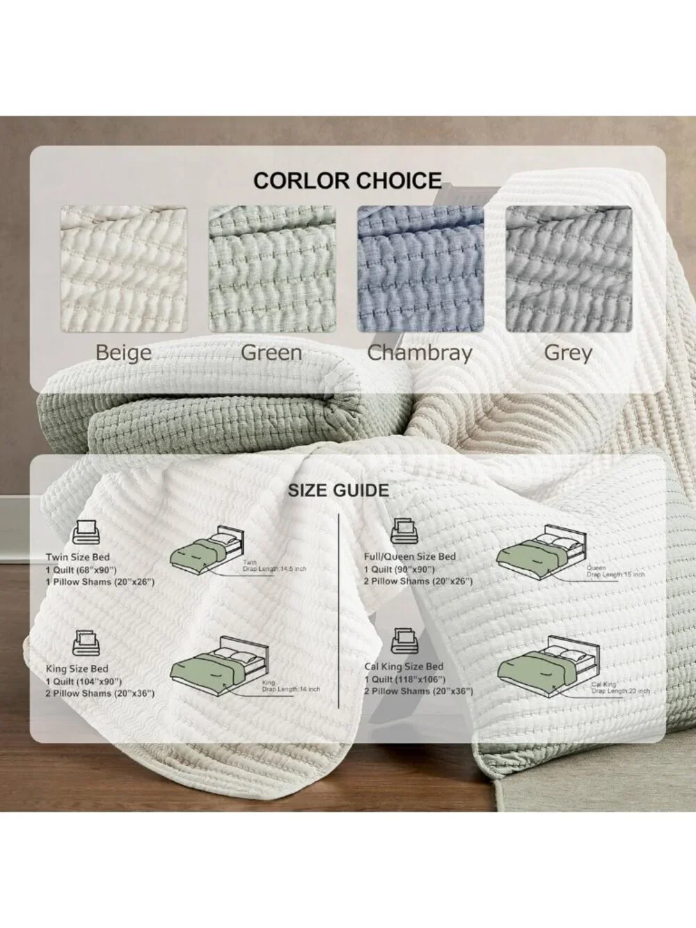 Beige Pick Stitch Queen Quilt Set - Lightweight Striped Summer Bedspread, Rustic